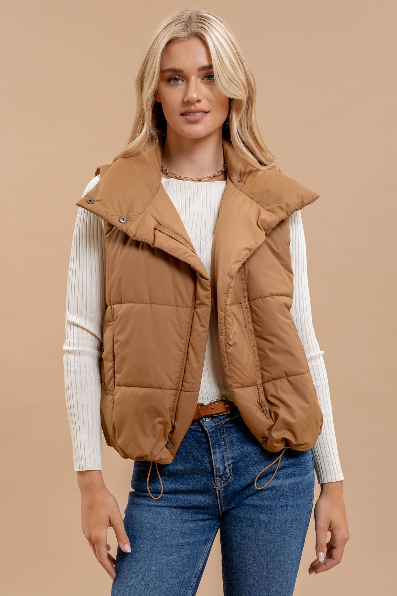 ASYMMETRICAL ZIP UP HIGH NECK PUFFER VEST