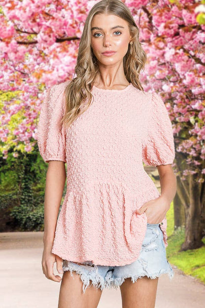Solid Bubble Textured Short Sleeve Peplum Blouse
