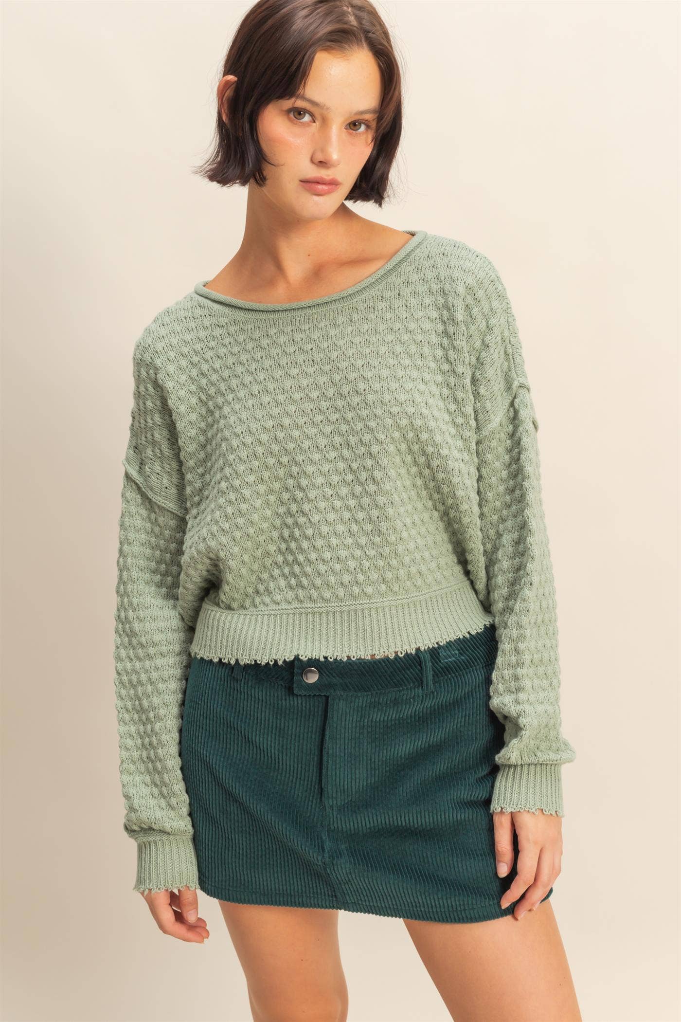 Textured Round Neck Long Sleeve Sweater