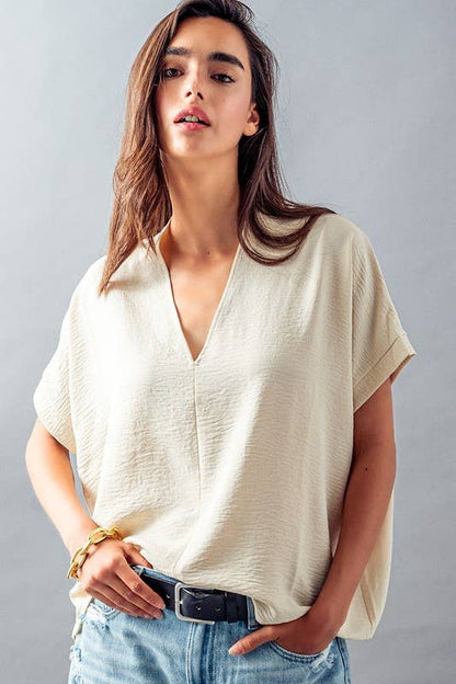 OVERSIZED VNECK FOLDED SHORT SLEEVE TOP