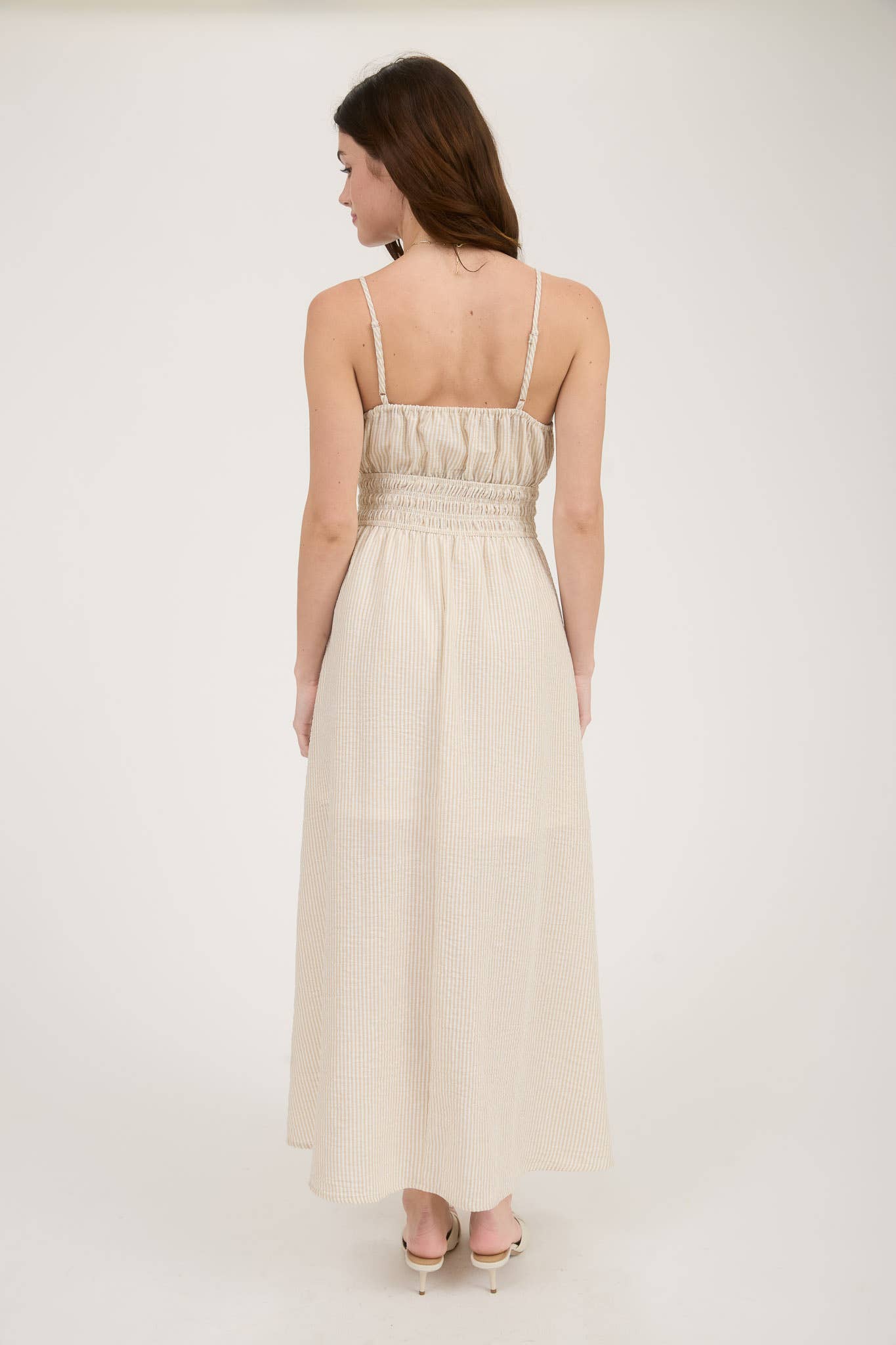 STRIPE LACE TRIM SPAGHETTI STRAP MIDI DRESS