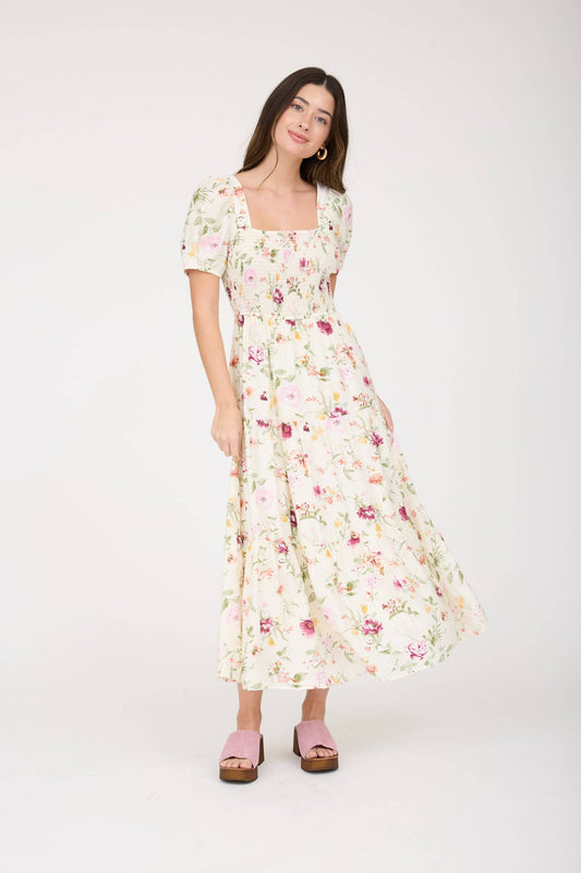 FLORAL SMOCKED PUFF SLEEVE A-LINE MIDI DRESS