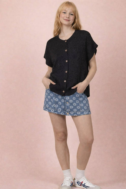 12W3653N-Button Down Solid Knit Summer Sweater Top