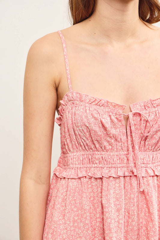 GATHERED FRONT RUFFLE HEM FLOWY CAMI DRESS
