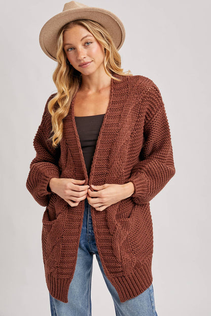 CHUNKY CABLE LANTERN SLEEVE CARDIGAN