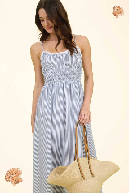 STRIPE LACE TRIM SPAGHETTI STRAP MIDI DRESS