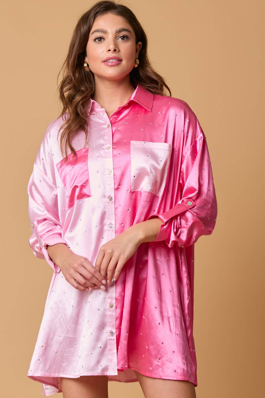 Satin Rhinestone Embellished Shirt Dress