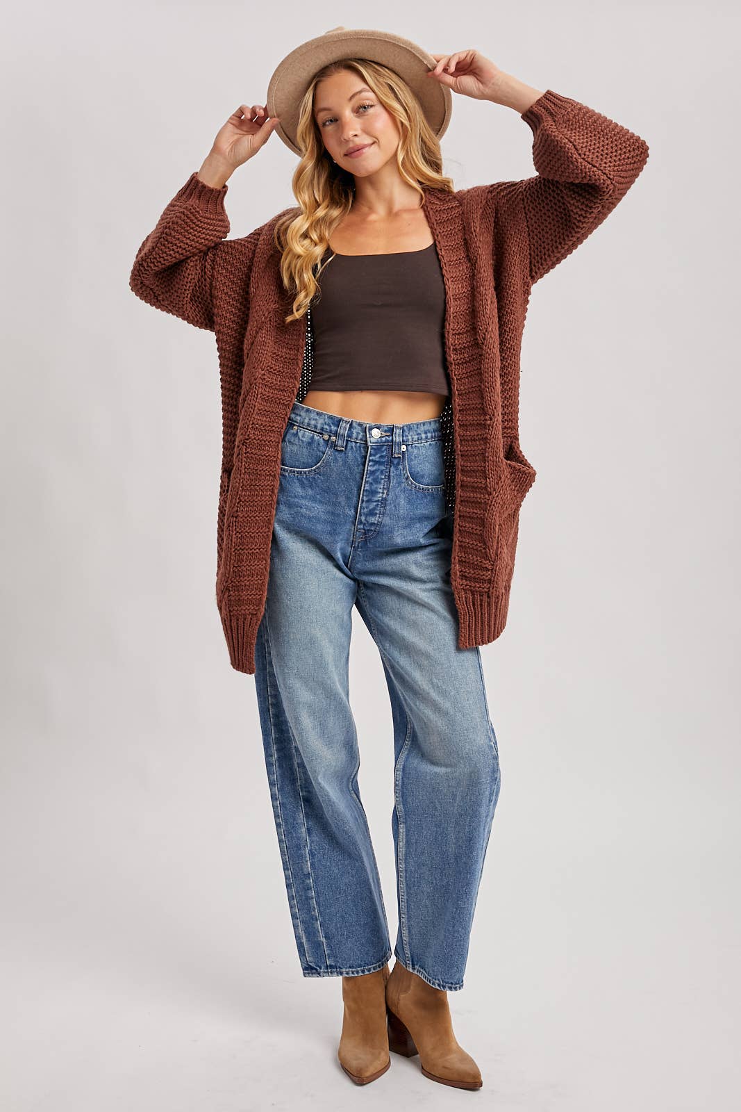 CHUNKY CABLE LANTERN SLEEVE CARDIGAN