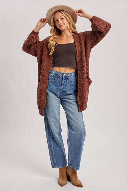 CHUNKY CABLE LANTERN SLEEVE CARDIGAN
