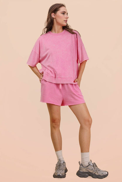 NT12429SET-Mineral Washed Knit Casual Top & Shorts