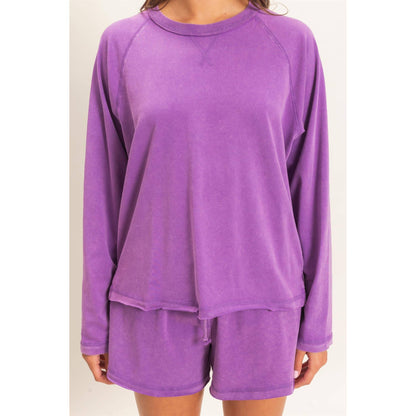 Mineral Wash Long Sleeve Raw Edge Top & Shorts Set
