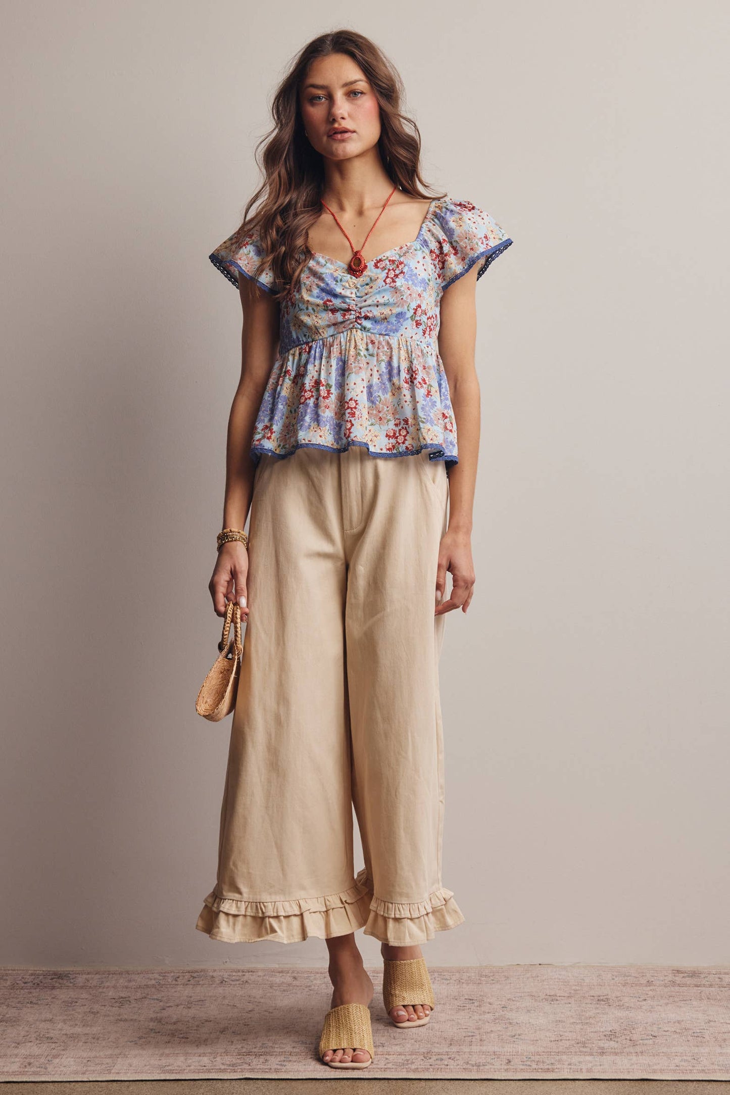 Floral Ruched Peplum Cotton Top FT0046