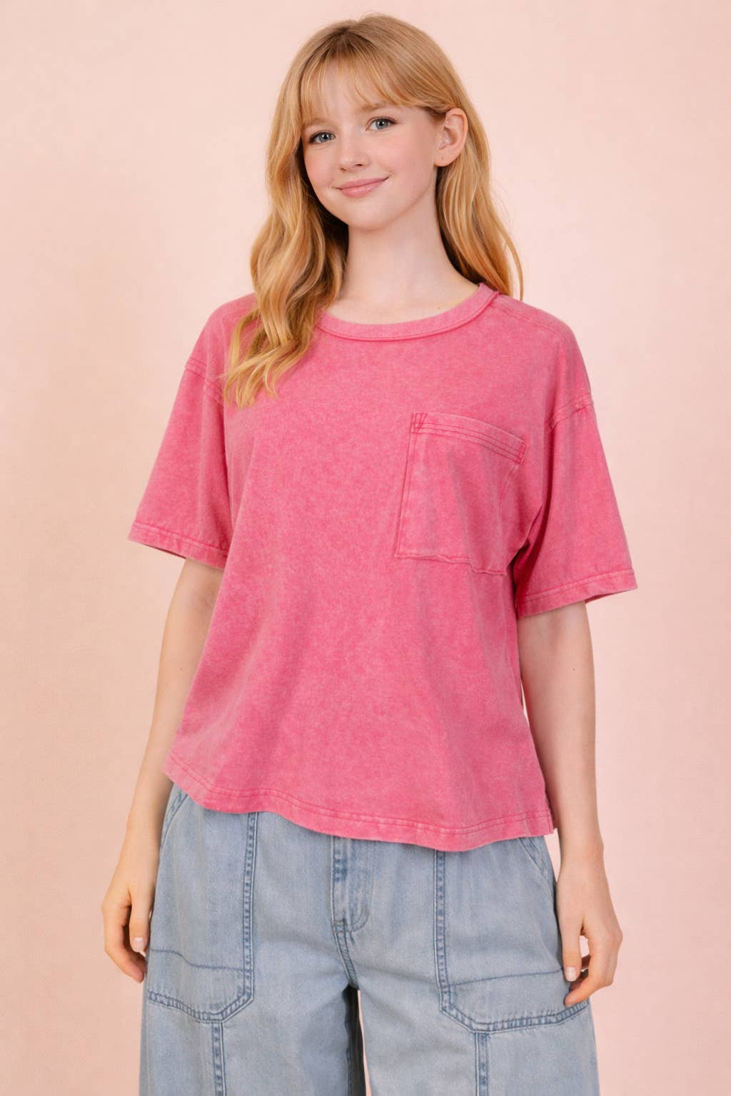 NT11108-Mineral Washed Knit Top with Pocket