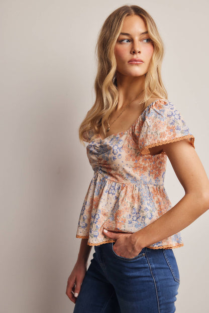 Floral Ruched Peplum Cotton Top FT0046