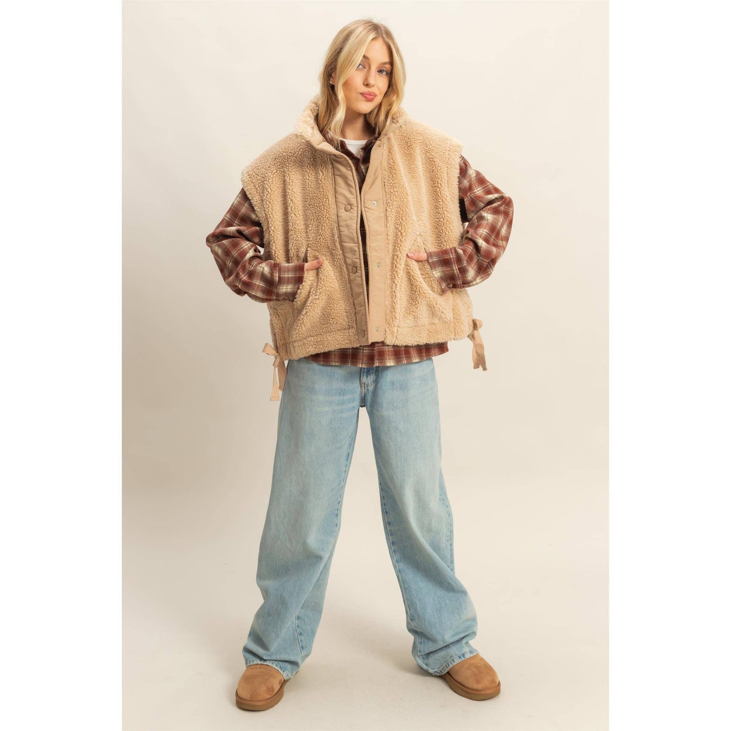 Cozy Sherpa Vest Jacket with Tie-Up Side Details
