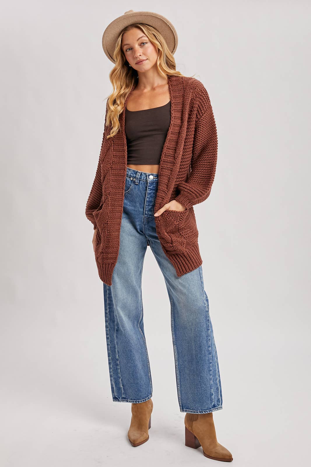CHUNKY CABLE LANTERN SLEEVE CARDIGAN
