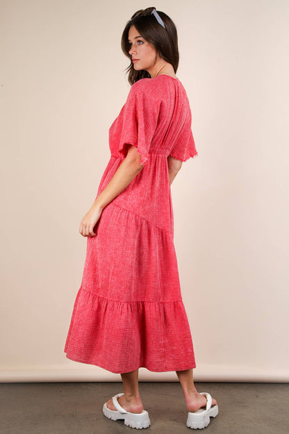 ND31584-Mineral Washed Elastic Neck Detail Midi Dress