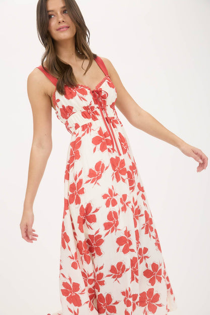 FLORAL SWEETHEART FRONT TIE WITH CUTOUT MIDI DRESS