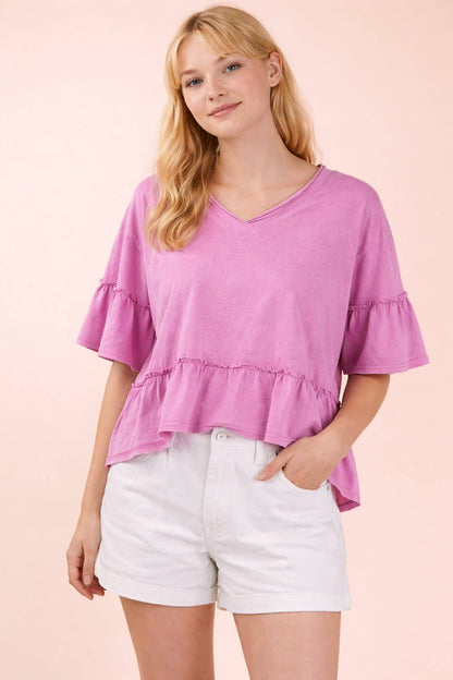NT12430-Mineral Washed Ruffle Detail Knit Top