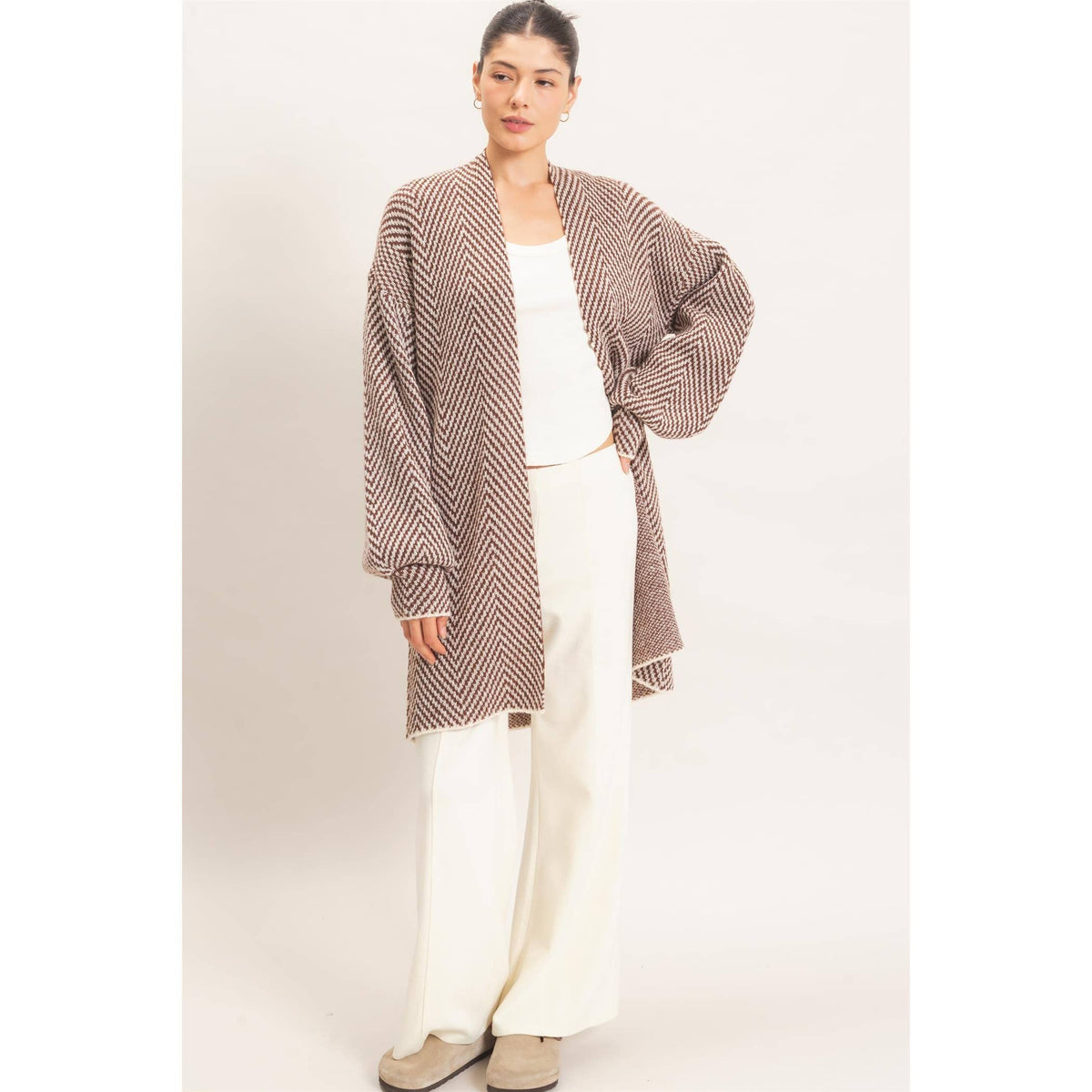 Herringbone Pattern Open-Front Cardigan
