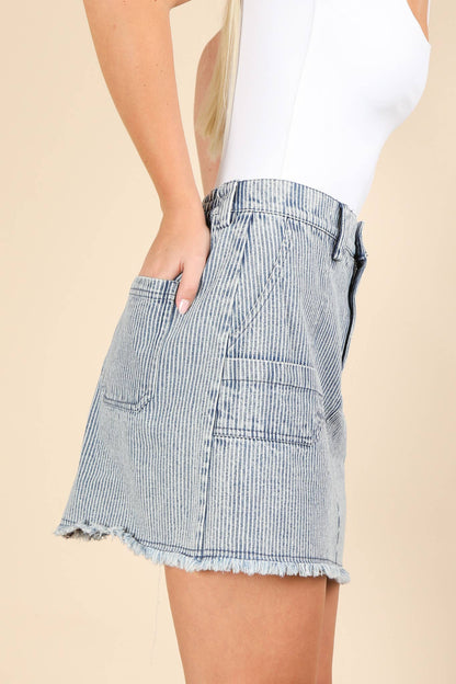 NS50140-Mineral Washed Denim Striped Casual Mini Skirt