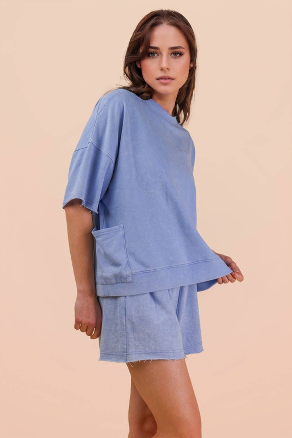 NT12429SET-Mineral Washed Knit Casual Top & Shorts