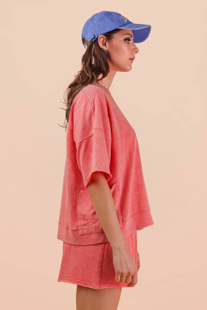 NT12429SET-Mineral Washed Knit Casual Top & Shorts