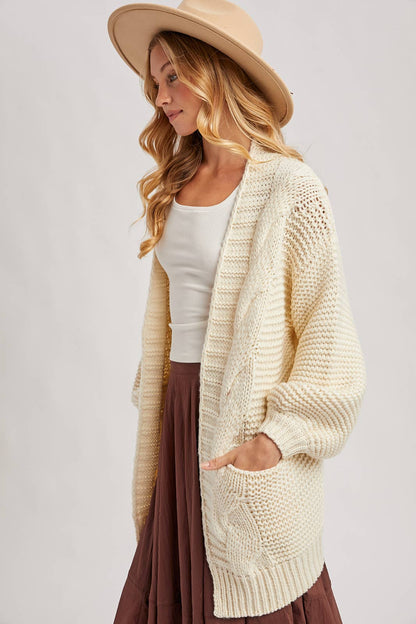 CHUNKY CABLE LANTERN SLEEVE CARDIGAN