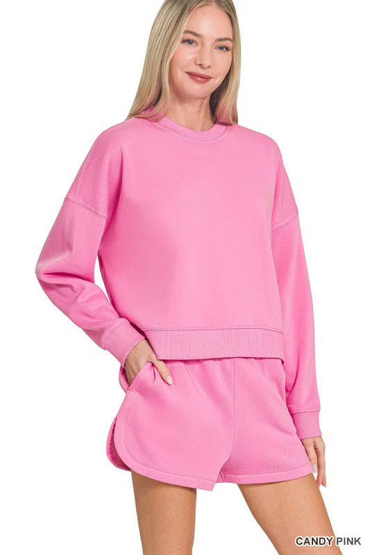 Zenana Fleece Long Sleeve Sweatshirts & Shorts Set