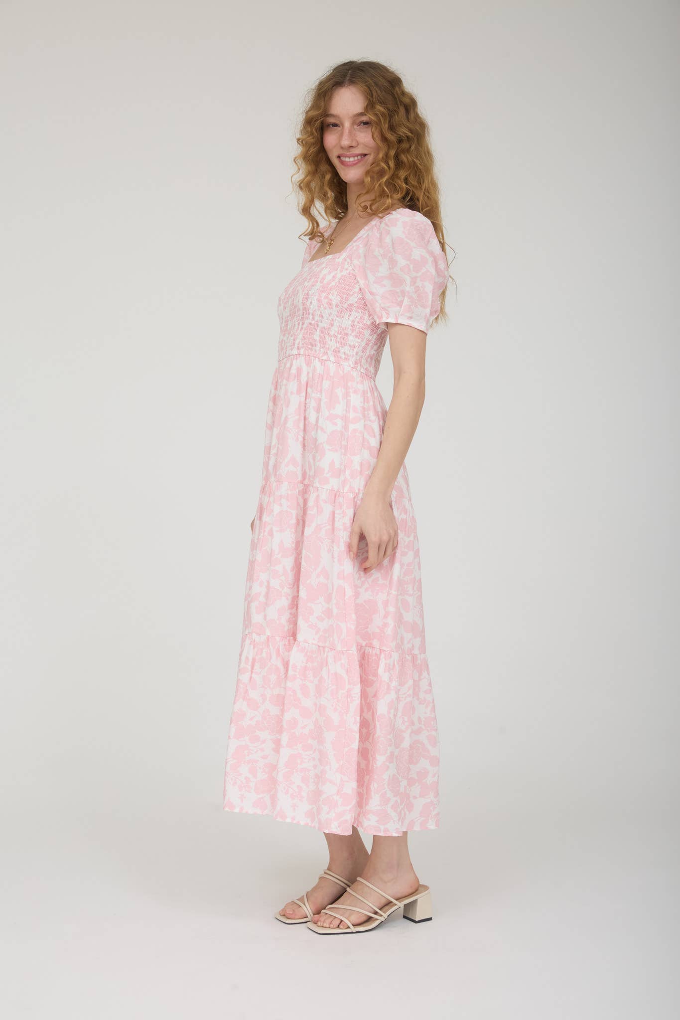 FLORAL PUFF SLEEVE SMOCKED TIERED MIDI DRESS