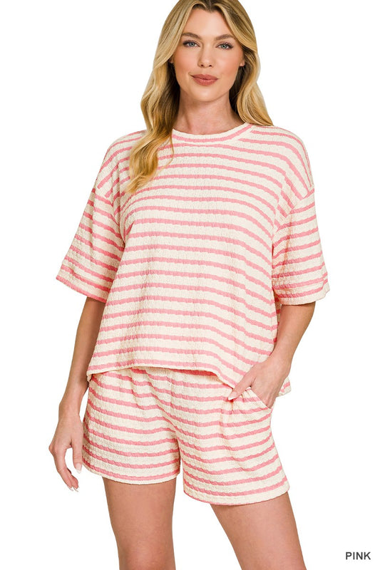 Striped Short Sleeve Tee & Shorts Set Zenana
