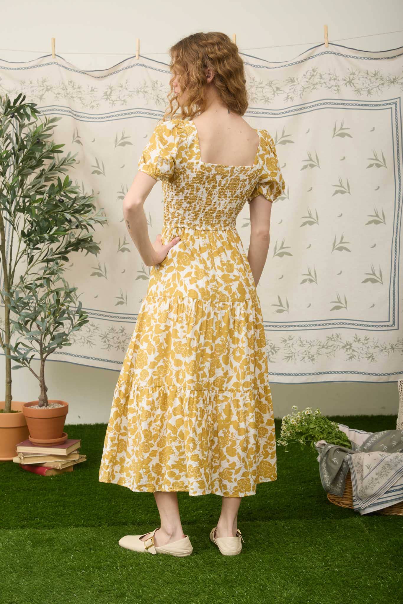 FLORAL PUFF SLEEVE SMOCKED TIERED MIDI DRESS