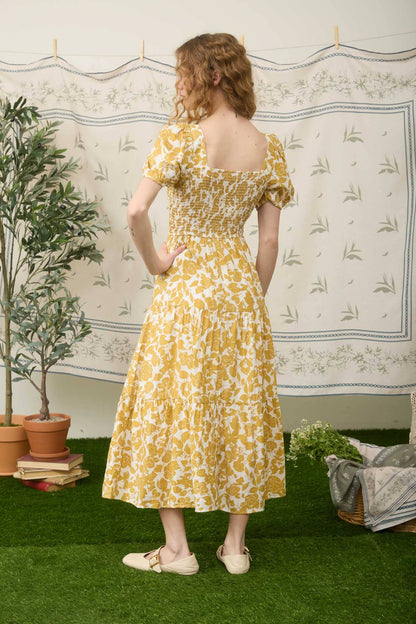 FLORAL PUFF SLEEVE SMOCKED TIERED MIDI DRESS