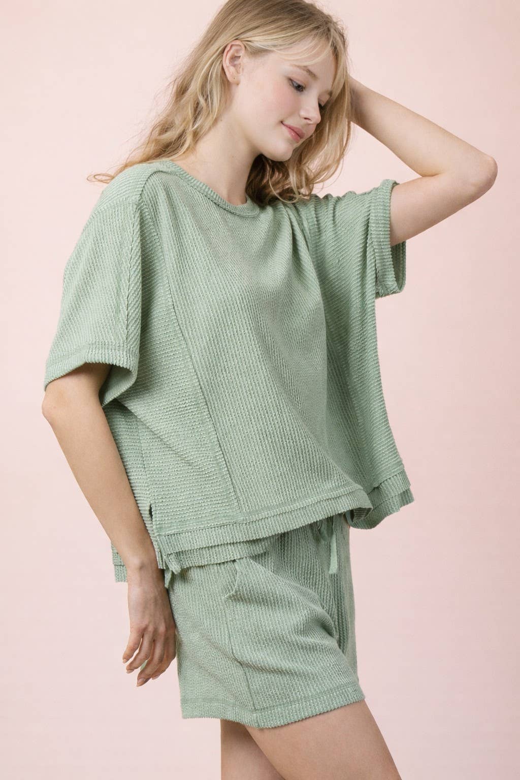 NT12686SET-Ribbed Knit Comfy Top & Shorts Set