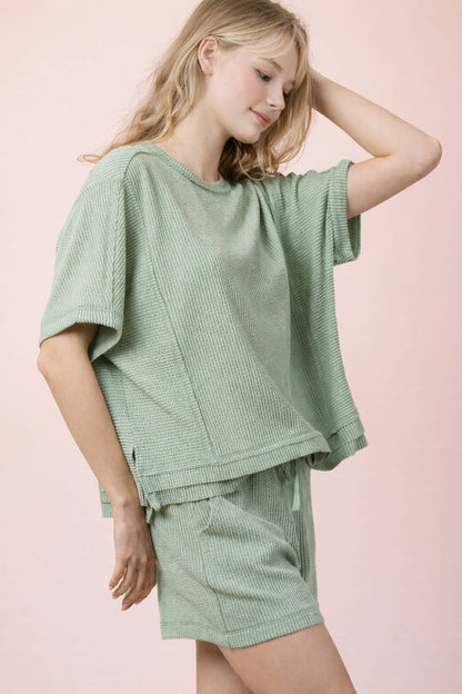 NT12686SET-Ribbed Knit Comfy Top & Shorts Set