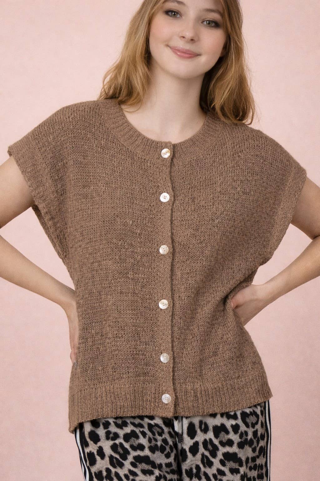 12W3653N-Button Down Solid Knit Summer Sweater Top