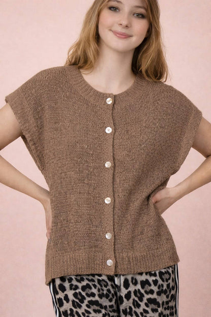 12W3653N-Button Down Solid Knit Summer Sweater Top