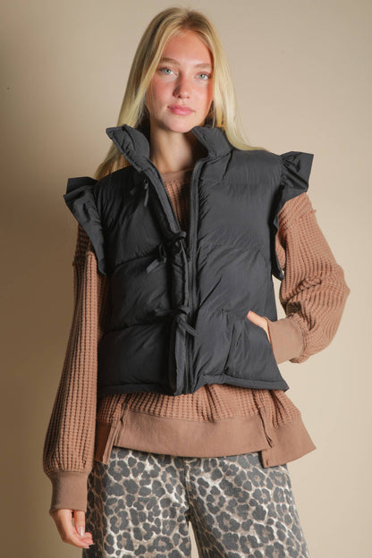 NJ90385-Front Bow Ruffle Sleeve Puffer Vest