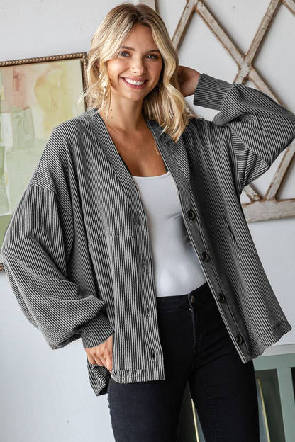 Solid Rib Drop Shoulder Button Balloon Sleeve Cardigan T5745