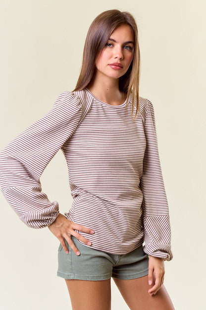 Round Neck Bubble Long Sleeve Striped Top