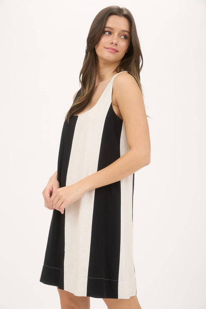 WIDE STRIPE SLEEVELESS LINEN MINI DRESS