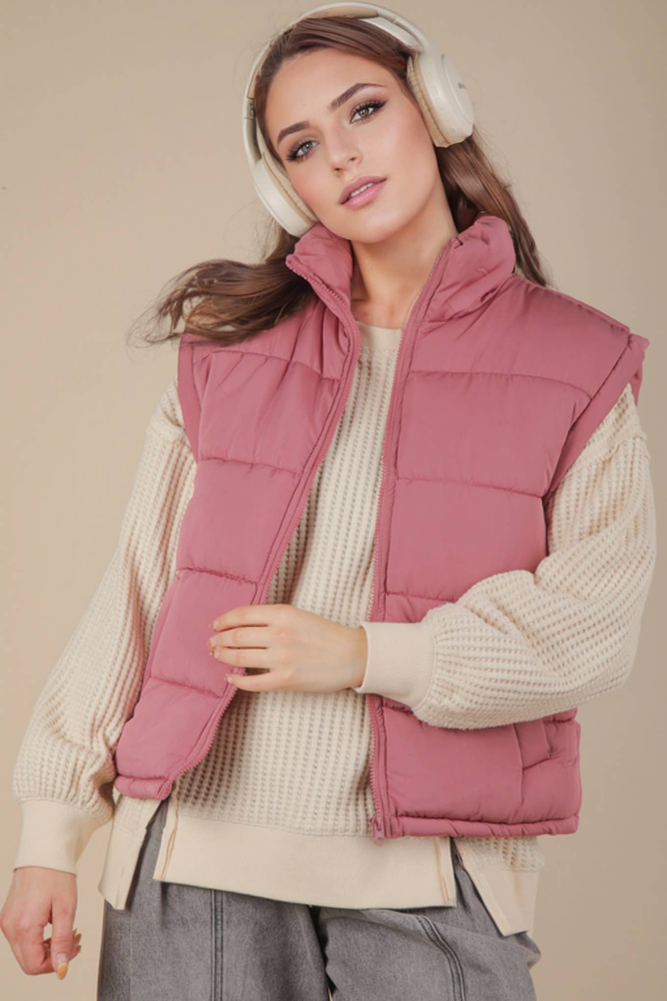 NJ90280-High Neck Casual Comfy Puffer Vest