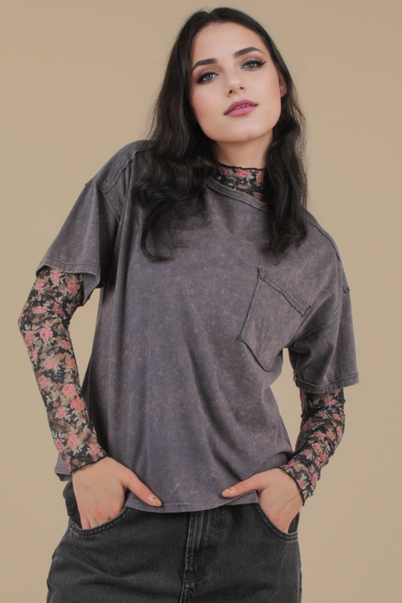 Mineral Washed Knit Top with Pocket white
