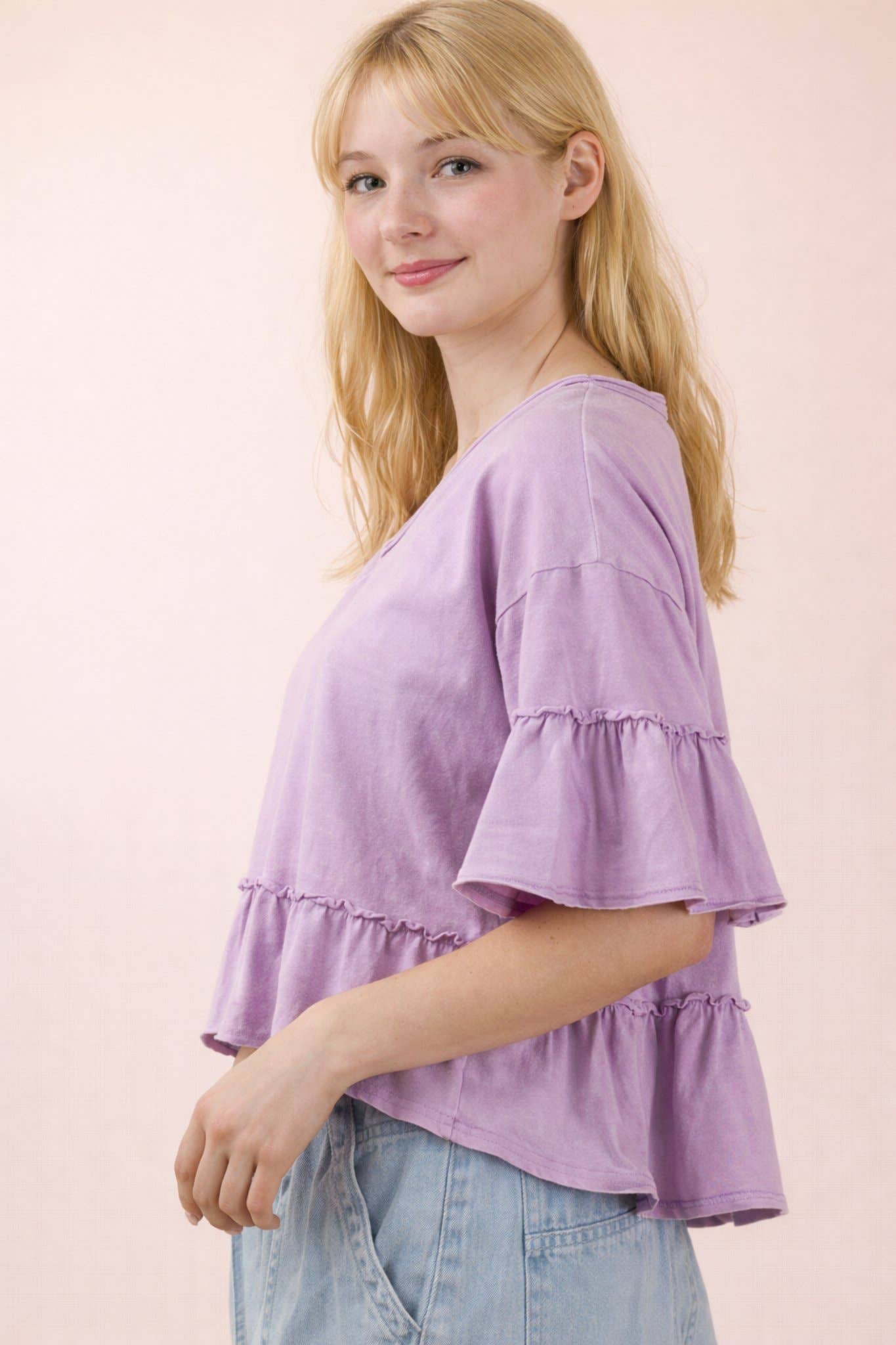 NT12430-Mineral Washed Ruffle Detail Knit Top