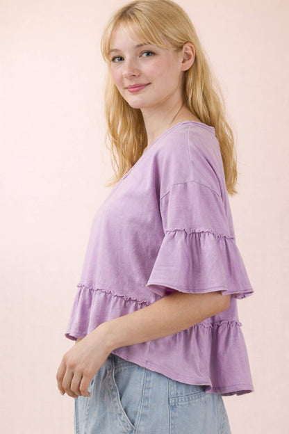 NT12430-Mineral Washed Ruffle Detail Knit Top