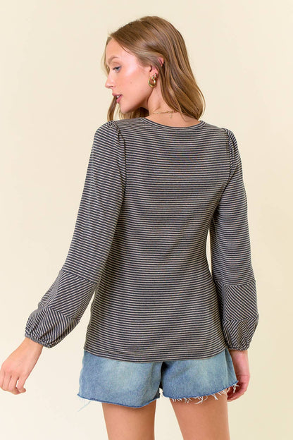 Round Neck Bubble Long Sleeve Striped Top