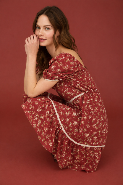 FLORAL CONTRAST TRIM DETAIL PUFF SLEEVES MINI DRESS: BURGUNDY MULTI