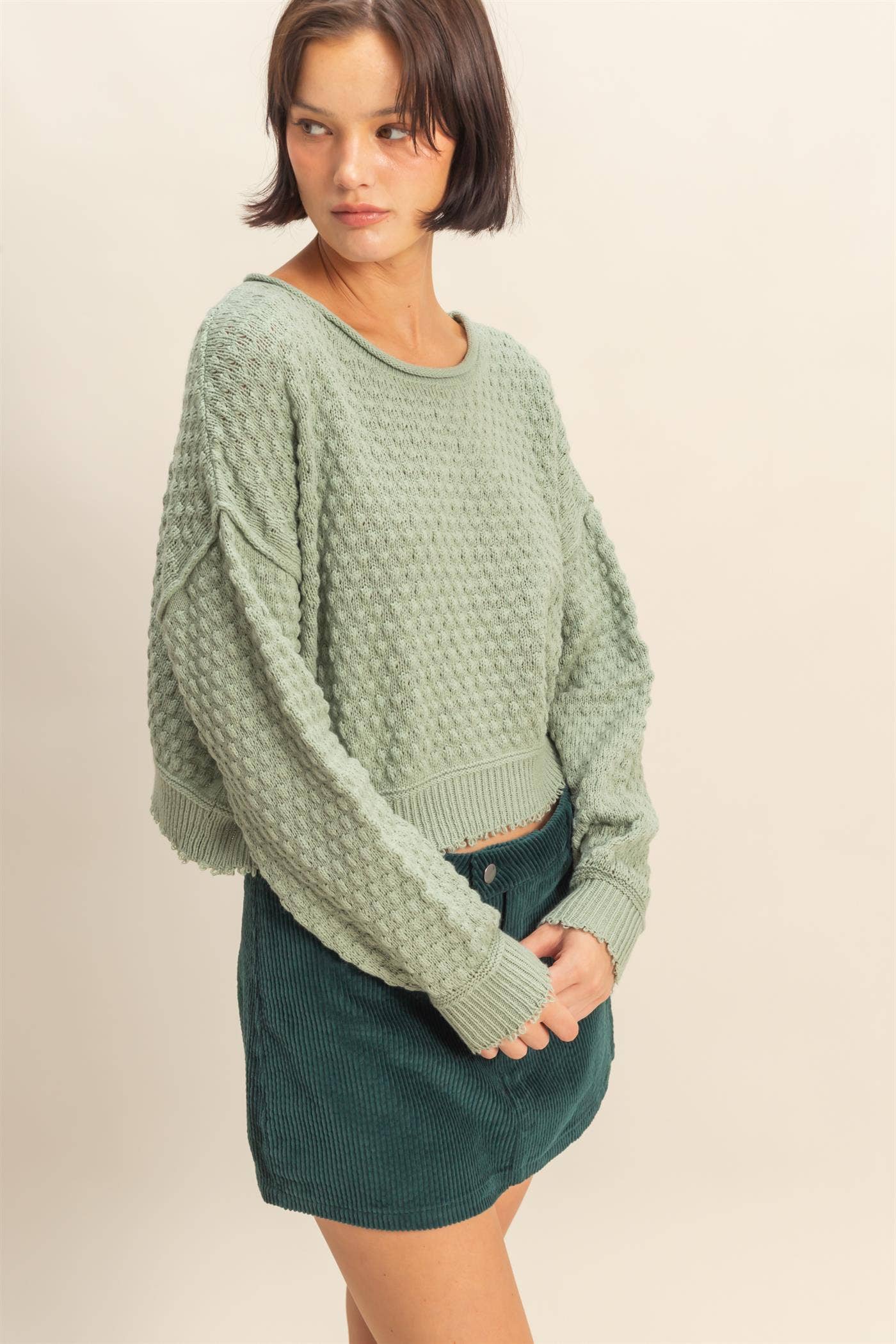 Textured Round Neck Long Sleeve Sweater
