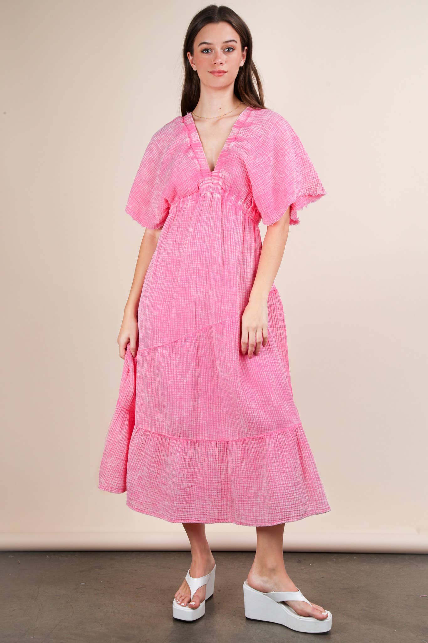 ND31584-Mineral Washed Elastic Neck Detail Midi Dress