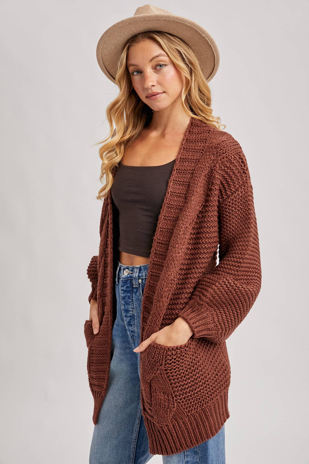 CHUNKY CABLE LANTERN SLEEVE CARDIGAN